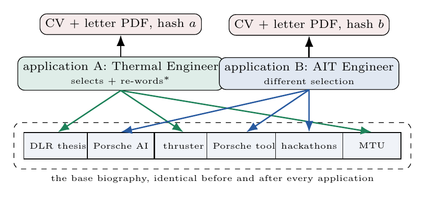 Two application cards (Thermal Engineer and AIT Engineer) select different subsets of the same six-entry base biography; each projection is rendered into its own content-hashed CV and letter PDF, while the base bar below stays identical.